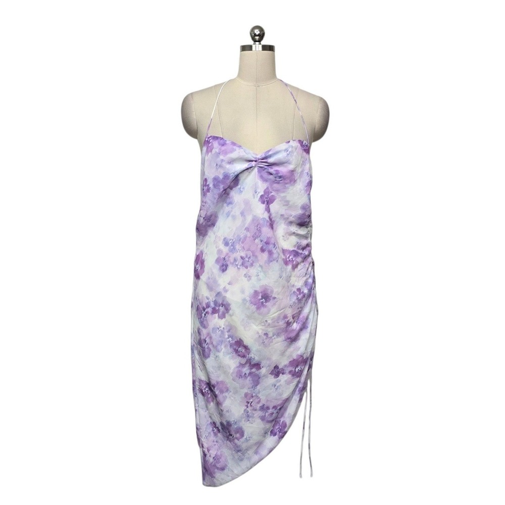 For Love & Lemons Purple Floral Halter Midi Dress Ruched Asymmetrical Size Large